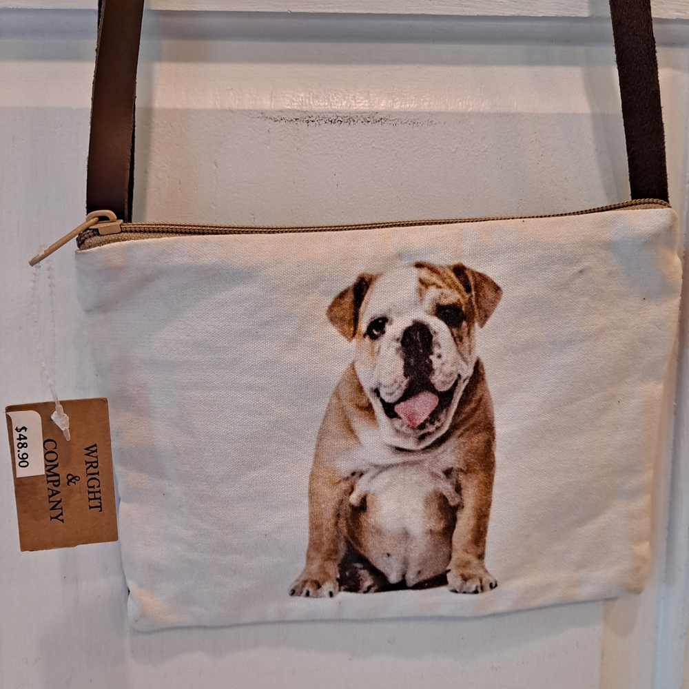 Wright & Co. English Bulldog Cream Cotton Canvas and Leather Crossbody Bag